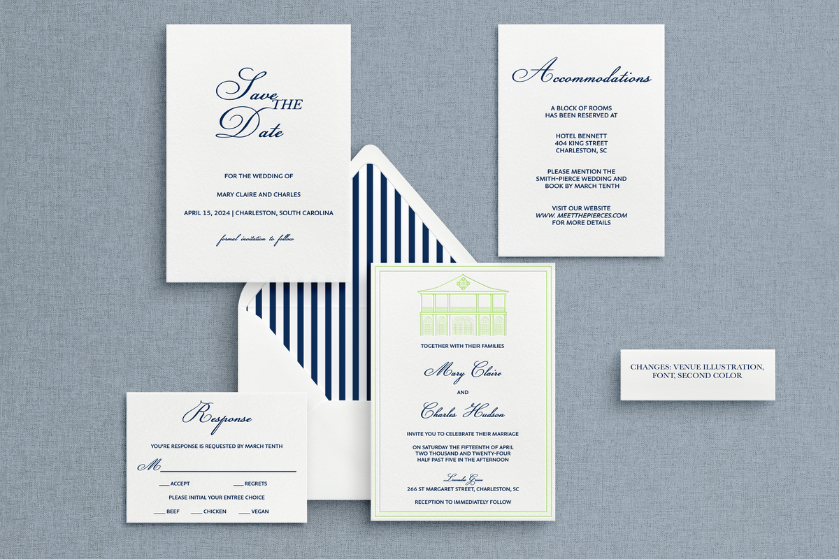 Custom letterpress wedding inviations with a venue drawing and striped envelope liners. 