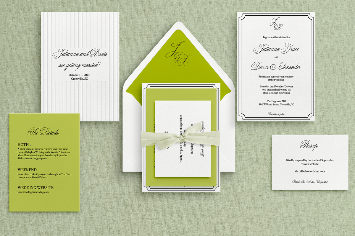 Custom Letterpress Wedding Invitations Chartruese Monogram with border