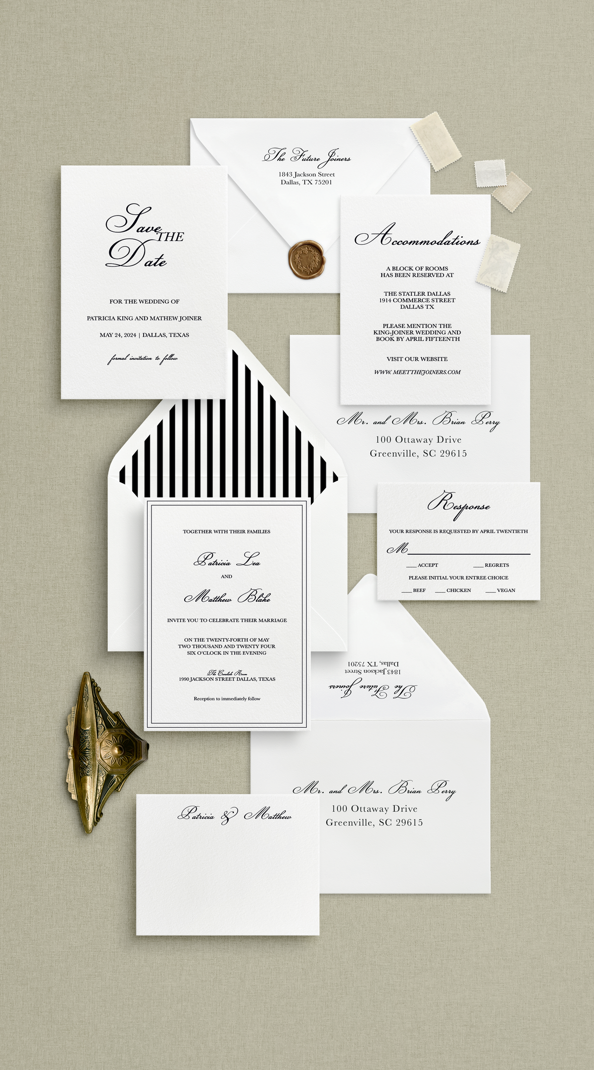 Collection of letterpress wedding invitations on a beige background. Suite inlcudes a letterpress save the date, striped boarder invitation, a details card, RSVP card, and statioenry card. Also includes addressed envelopes. 