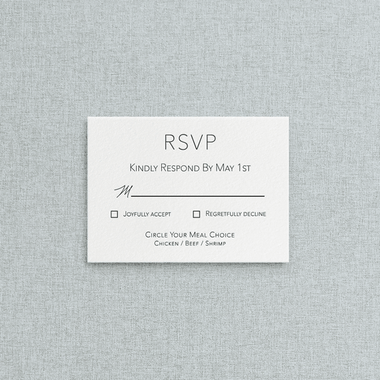 White letterpress mail-in RSVP to accompany your letterpress wedding invitation suite. Also gives guests their meal choice for the reception