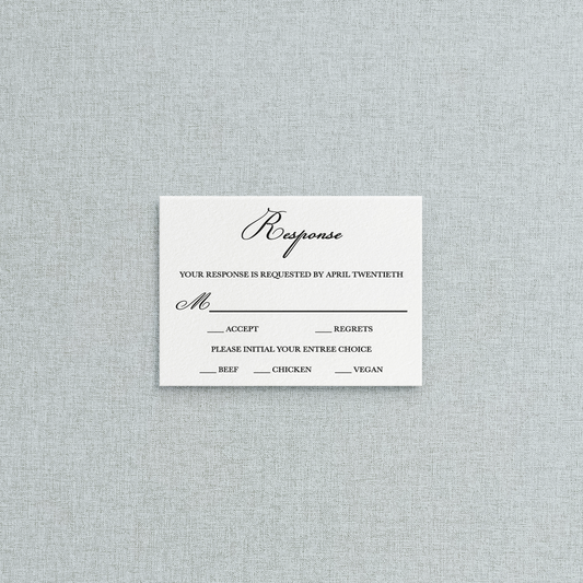 White letterpress mail-in RSVP to accompany your letterpress wedding invitation suite. Also gives guests their meal choice for the reception