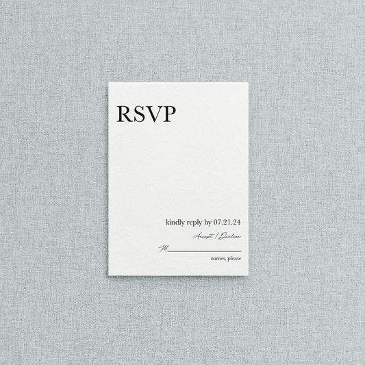 White letterpress mail-in RSVP to accompany your letterpress wedding invitation suite. Also gives guests their meal choice for the reception