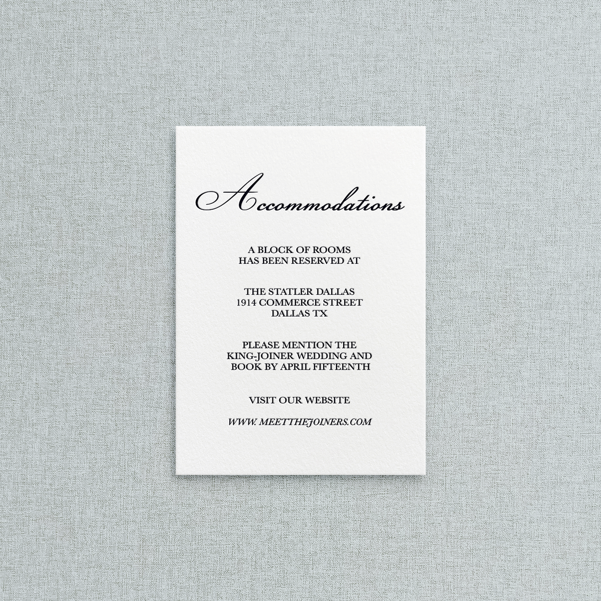 Letterpress details/accomodations card for letterpress wedding inviations. 