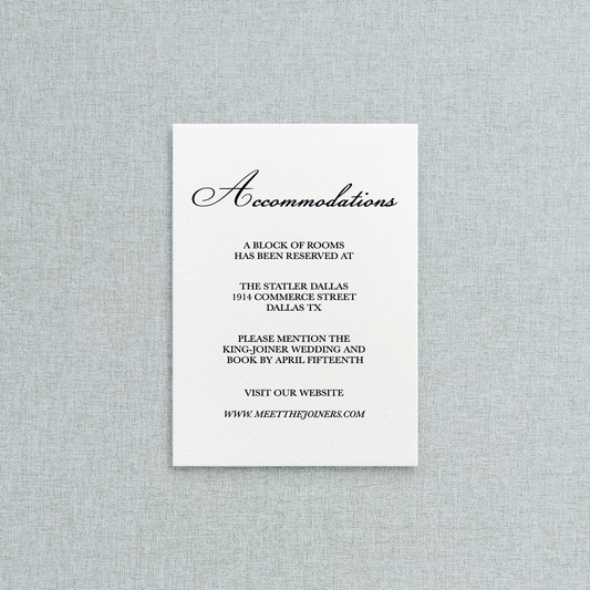 Letterpress details/accomodations card for letterpress wedding inviations. 