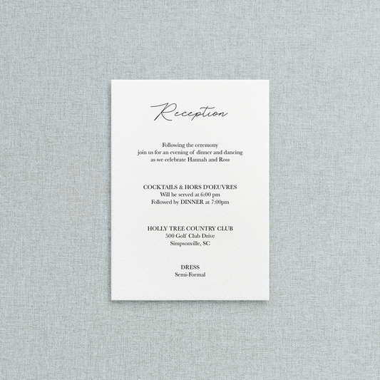 Letterpress wedding reception invitation card on a textured gray background