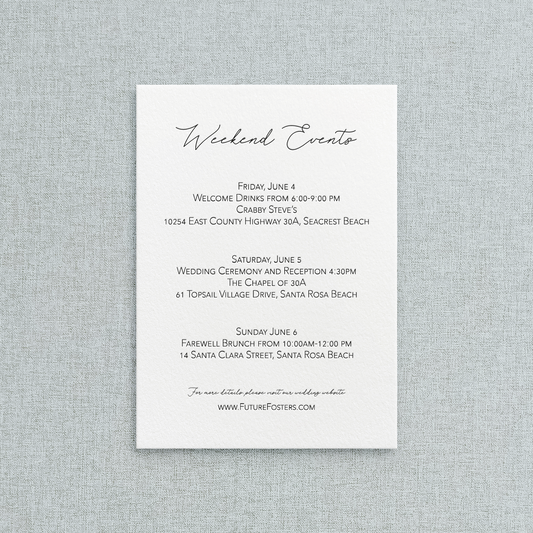 Letterpress details card to accompony wedding invitations. With cursive and sanserif fonts. 