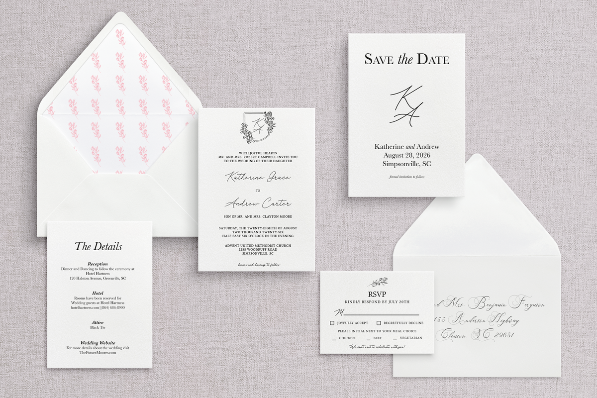Semi-custom letterpress wedding invitation suite. Order on line