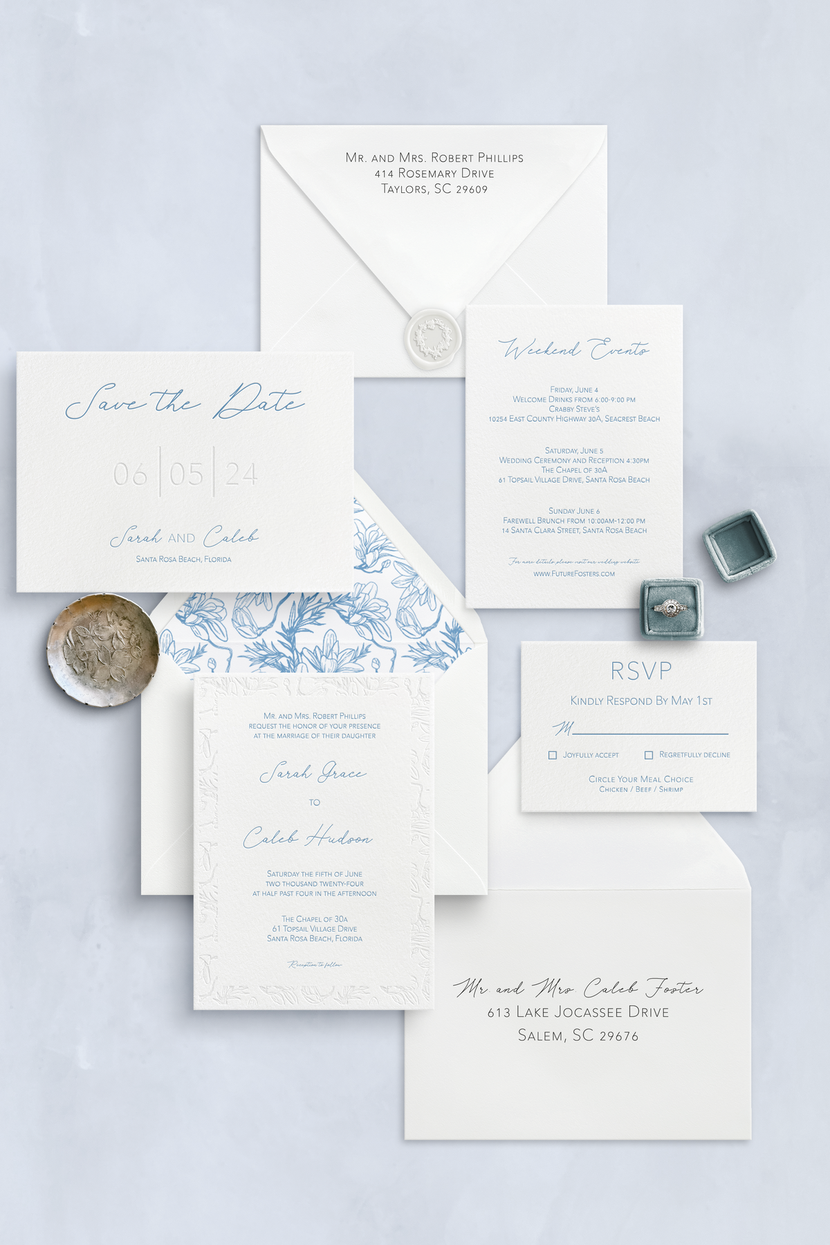 Semi-Custom beach,modern, floral letterpress wedding invitation suite. 