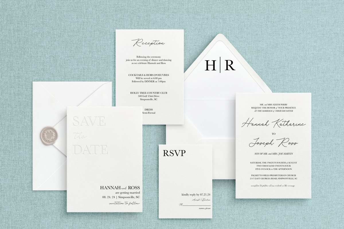 Semi-custom- etterpress wedding inviation. Blind debosss Save the date card. Monogram envelope liner