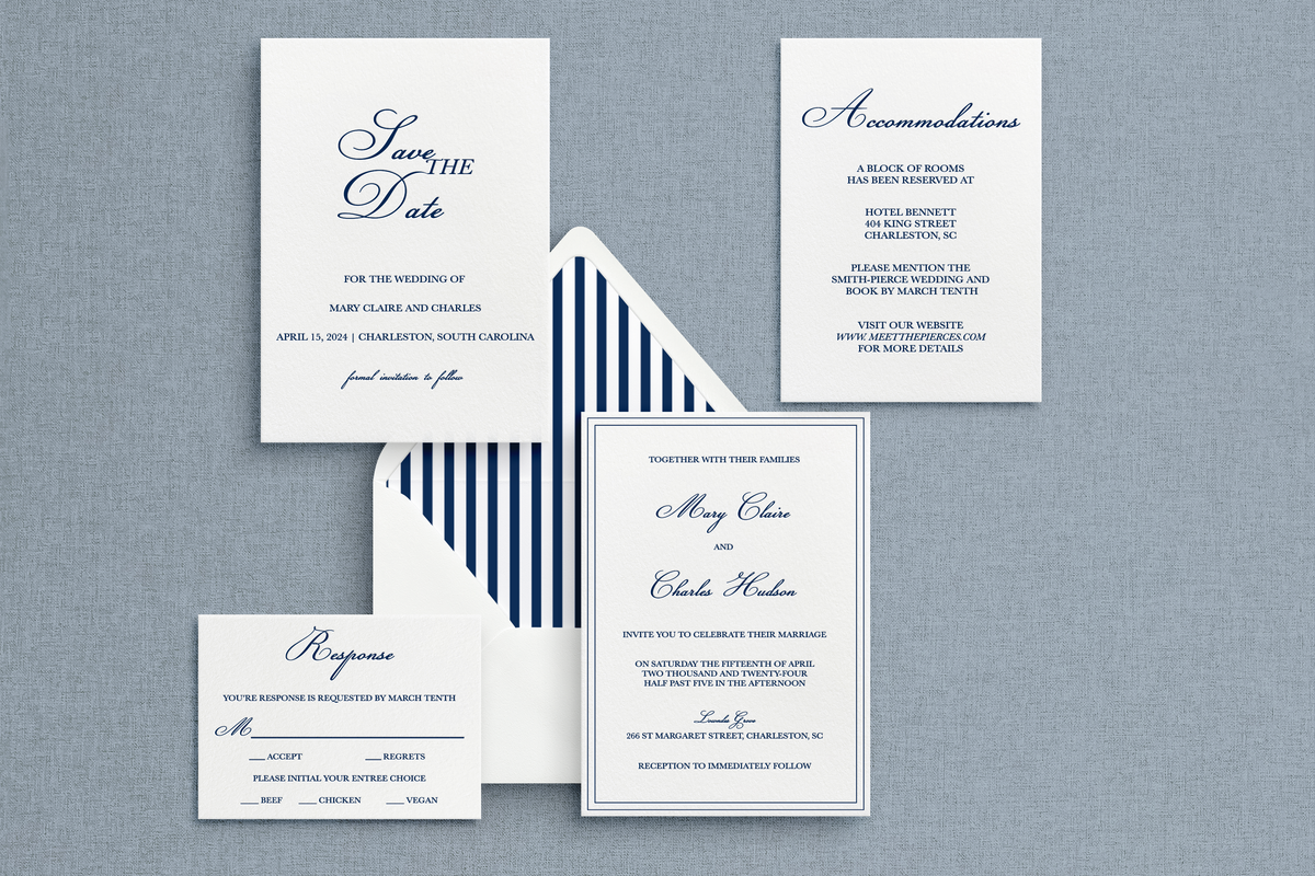 Semi-custom letterpress wedding invitation suite with a double line border and striped envelope liner. 