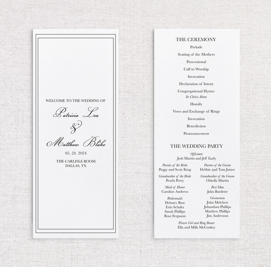 A wedding program with front and back printed pages displayed flat on a light-textured fabric background. The pages are white with elegant black typography and feature the bride and groom's names, ceremony details, program notes, and a thank-you message.