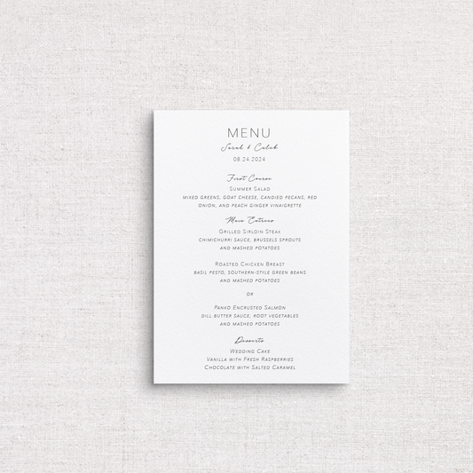 A minimalist three-course wedding menu card with elegant black script and sans-serif text on a clean white background, displayed against a textured light gray fabric backdrop.