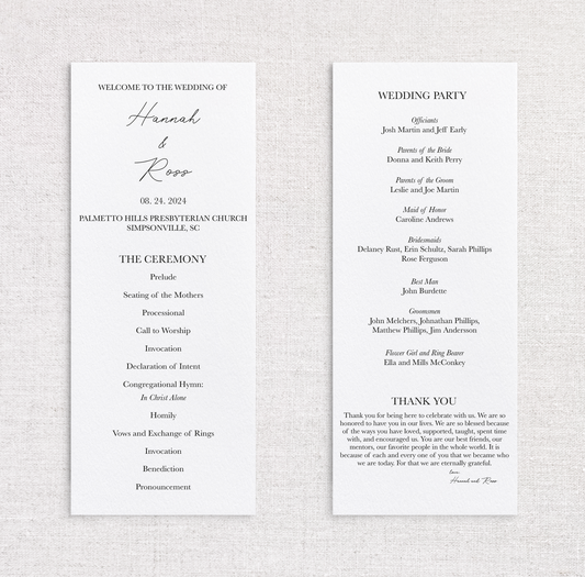 A wedding program with front and back printed pages displayed flat on a light-textured fabric background. The pages are white with elegant black typography and feature the bride and groom's names, ceremony details, program notes, and a thank-you message.