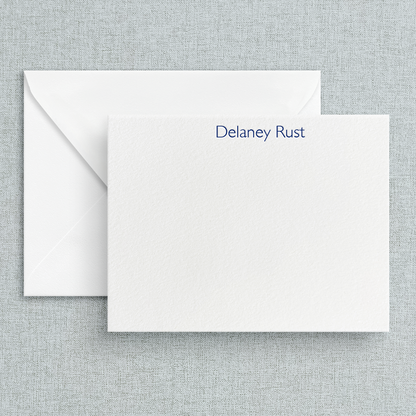 Customer lettrpress stationery set with the name printed in a sans serif font and blue ink.