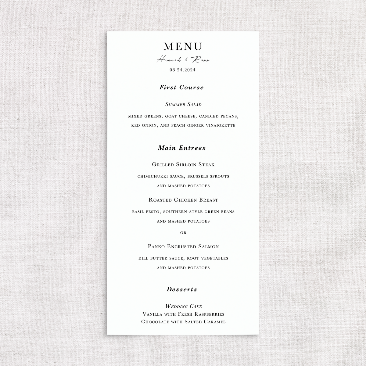 A vertical wedding menu card with elegant black script and serif typography on a white background, displayed against a light beige textured fabric backdrop. The menu includes sections for First Course, Main Entrees, and Desserts, personalized with the names and the wedding date.